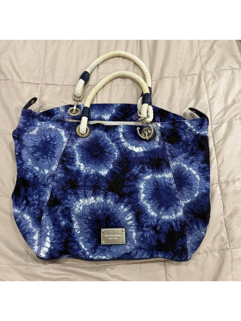 Michael Kors Blue Tie Dye Canvas Tote Bag Rope Handles Beach Travel Shopper
